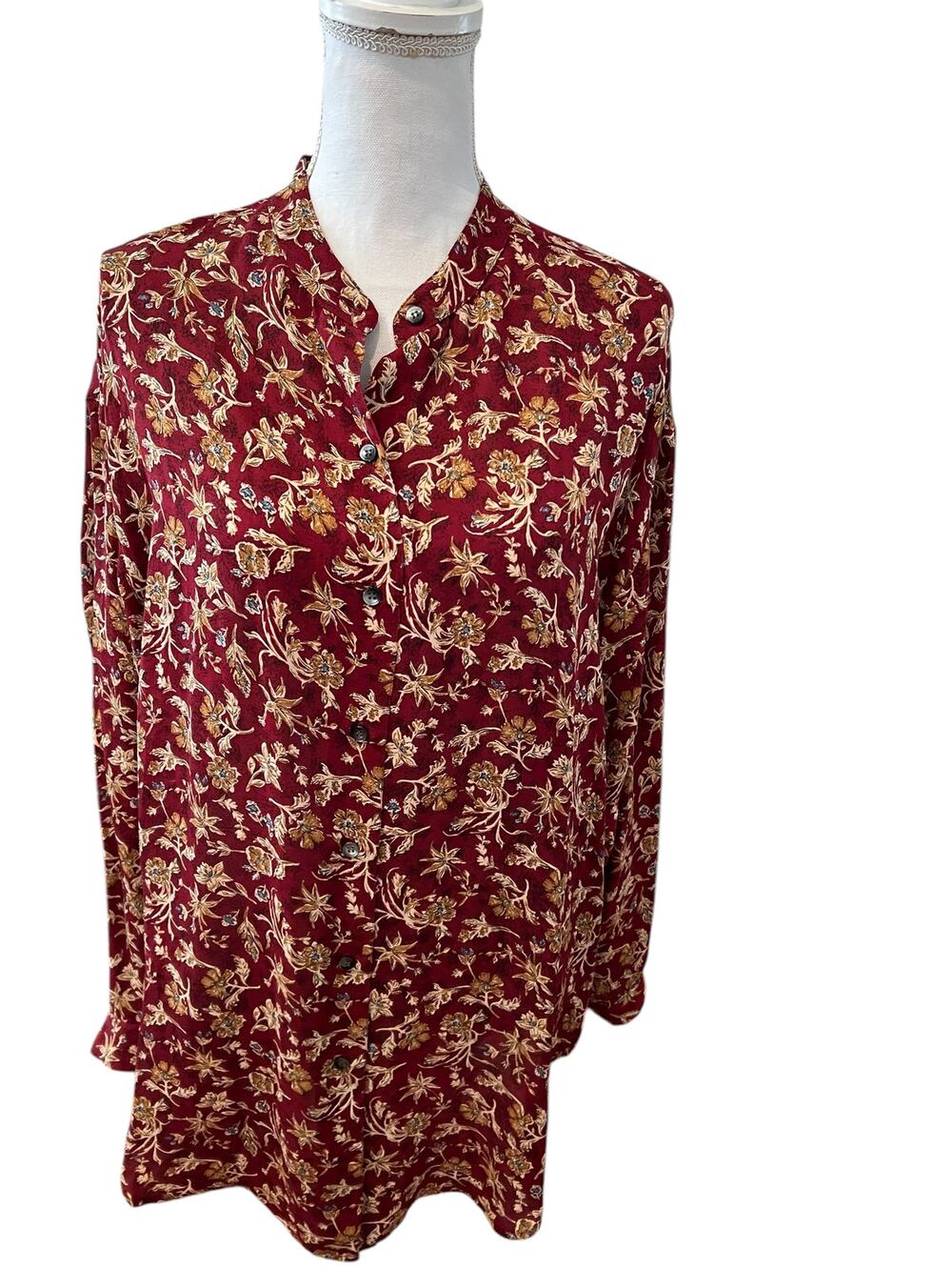 Vintage Anne Klein Maroon Silk Print Long Button Up Top M